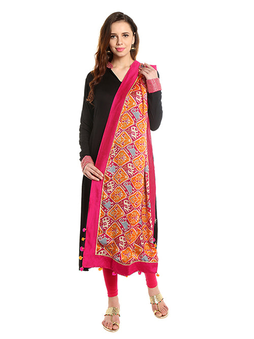 Dupatta Bazaar Woman's Satin Crepe Pink & Orange Ikat Print Dupatta - Dupatta Bazaar