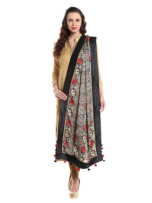 Dupatta Bazaar Woman's Satin Crepe Black & Red Ikat Print Dupatta - Dupatta Bazaar