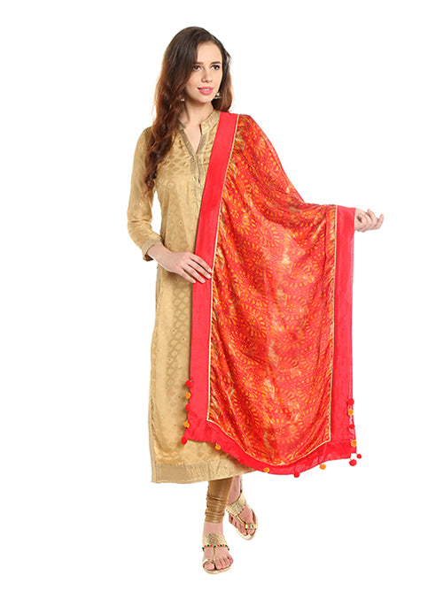Dupatta Bazaar Woman's Satin Crepe Red and Orange Batik Print Dupatta - Dupatta Bazaar