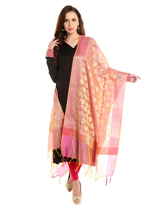 Dupatta Bazaar Women's Benarasi Silk Woven Pink & Gold dupatta - Dupatta Bazaar