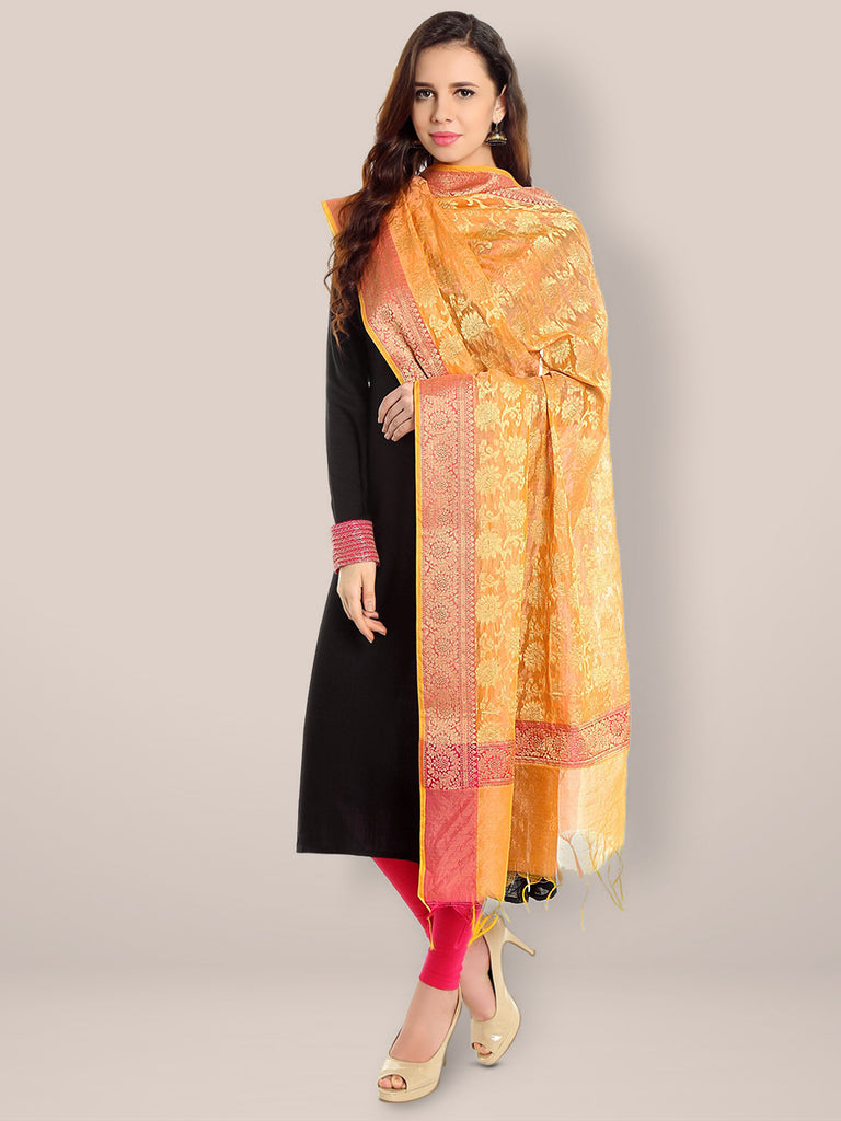 Banarasi Silk Woven Orange & Gold dupatta freeshipping - Dupatta Bazaar