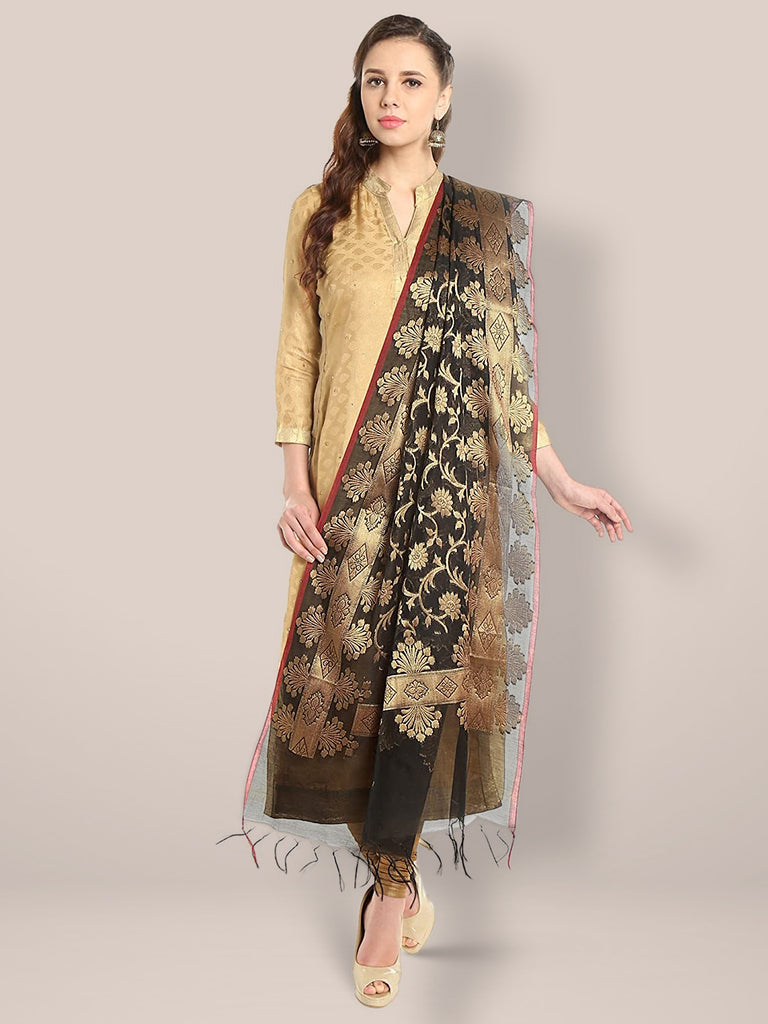 Dupatta Bazaar Women's Benarasi Silk Woven Black & Gold dupatta freeshipping - Dupatta Bazaar