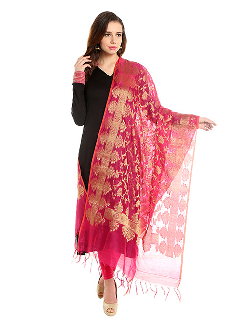 Dupatta Bazaar Women's Banarasi Silk Woven Dark Pink & Gold dupatta - Dupatta Bazaar