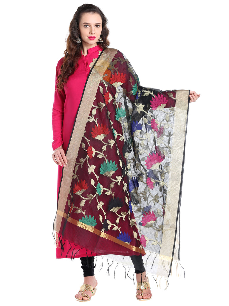 Dupatta Bazaar Women's Benarasi Silk Woven Black & Multicoloured dupatta - Dupatta Bazaar