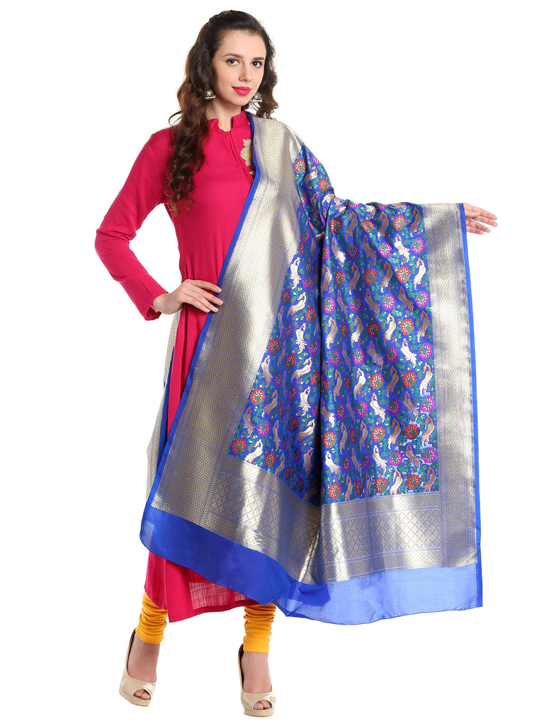 Dupatta Bazaar Women's Pure Benarasi Woven Katan Silk Blue & Multicoloured dupatta - Dupatta Bazaar