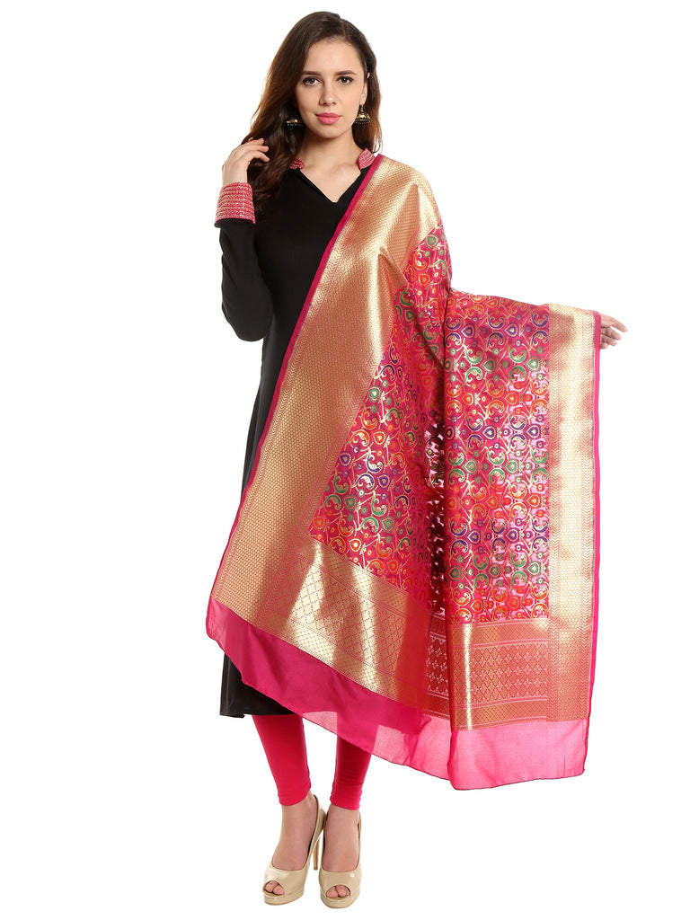 Dupatta Bazaar Women's Pure Benarasi Woven Katan Silk Pink, Gold & Multicoloured dupatta - Dupatta Bazaar
