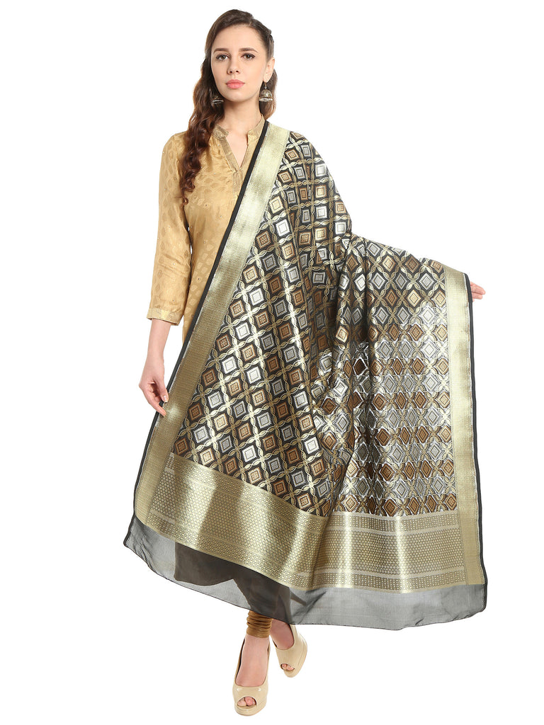 Dupatta Bazaar Women's Pure Benarasi Woven Katan Silk Black & Gold dupatta - Dupatta Bazaar