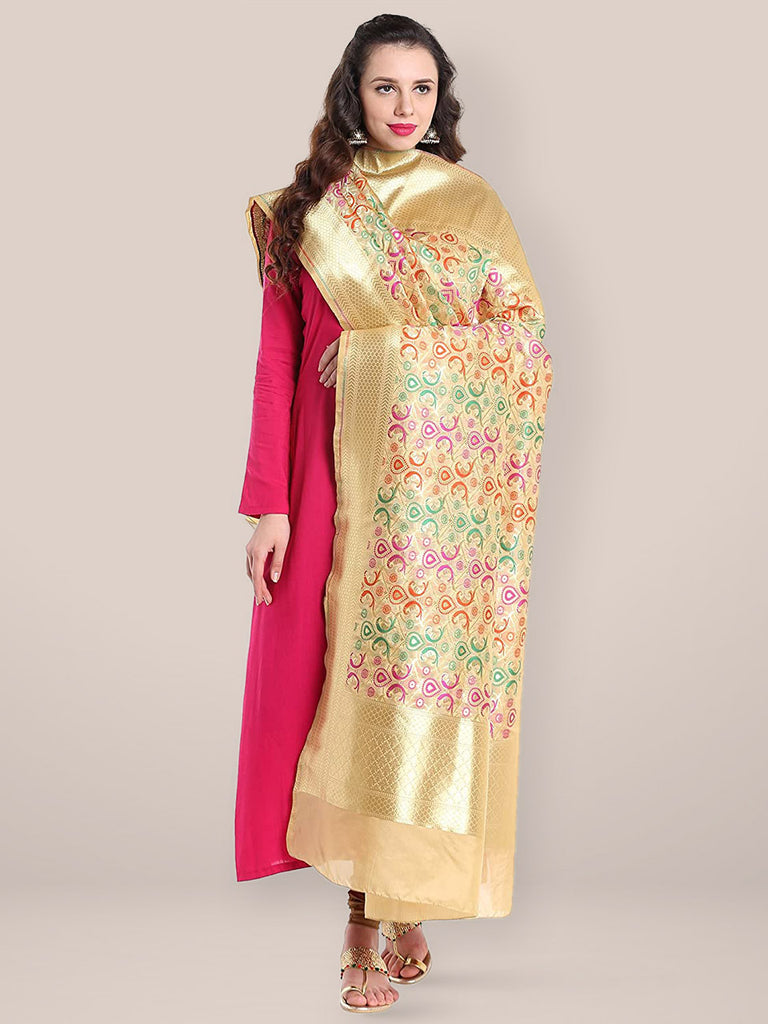 Dupatta Bazaar Women's Pure Benarasi Woven Katan Silk Beige, Gold & Multicoloured dupatta freeshipping - Dupatta Bazaar