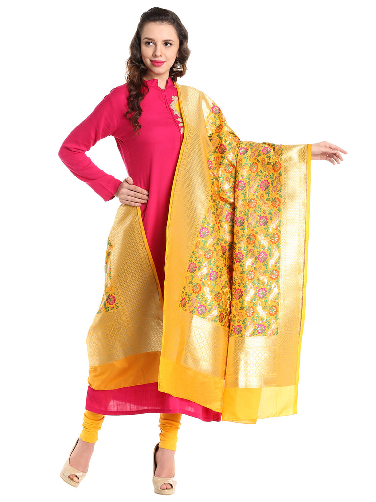 Dupatta Bazaar Women's Pure Benarasi Woven Katan Silk Mustard, Gold & Multicoloured dupatta - Dupatta Bazaar