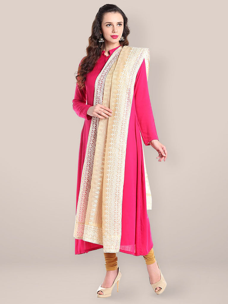 Pink - Kota Doria Cotton Hand Embroidered Lucknowi Chikankari Dupatta 29