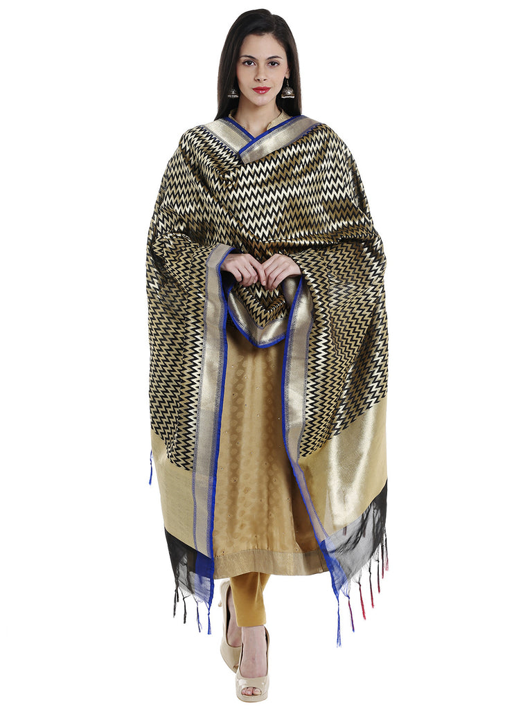 Dupatta Bazaar Woman's Black & Gold Woven Banarasi Silk Dupatta - Dupatta Bazaar