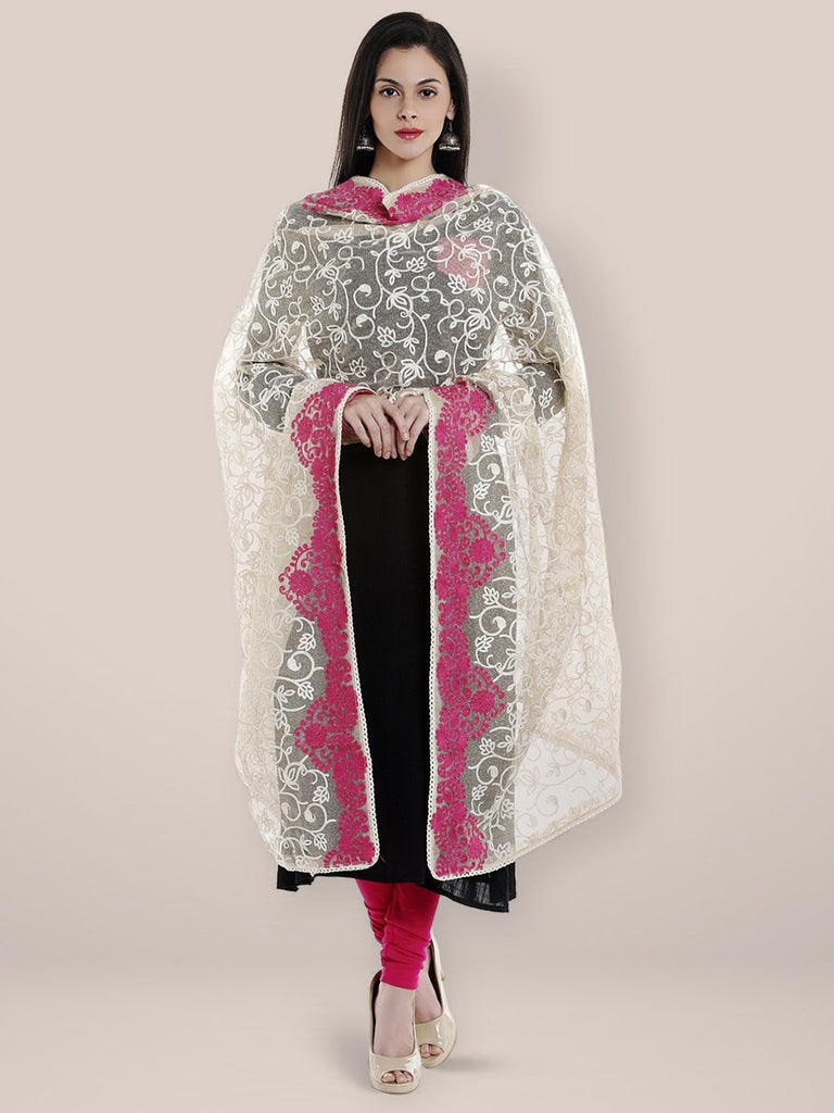 Ivory & Pink Cotton Embroidered  Net Dupatta freeshipping - Dupatta Bazaar