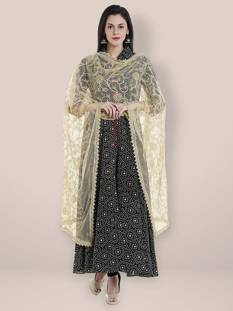 Gold  Embroidered  Net Dupatta freeshipping - Dupatta Bazaar