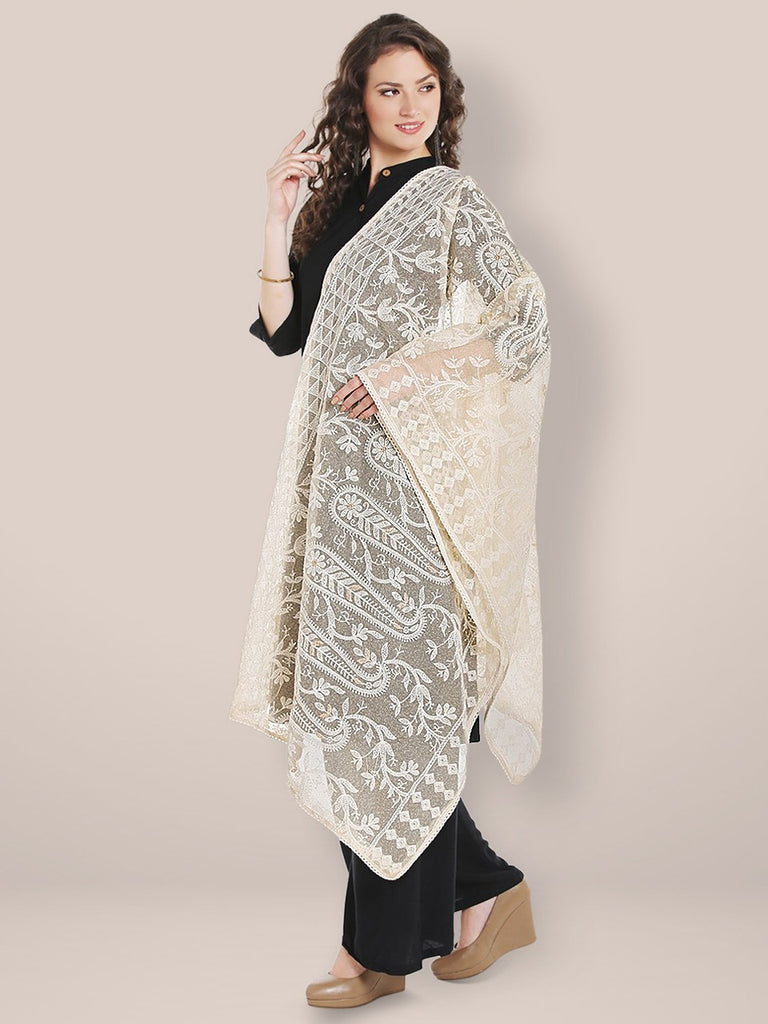 Ivory Cotton dupatta with Lucknowi Embroidery freeshipping - Dupatta Bazaar