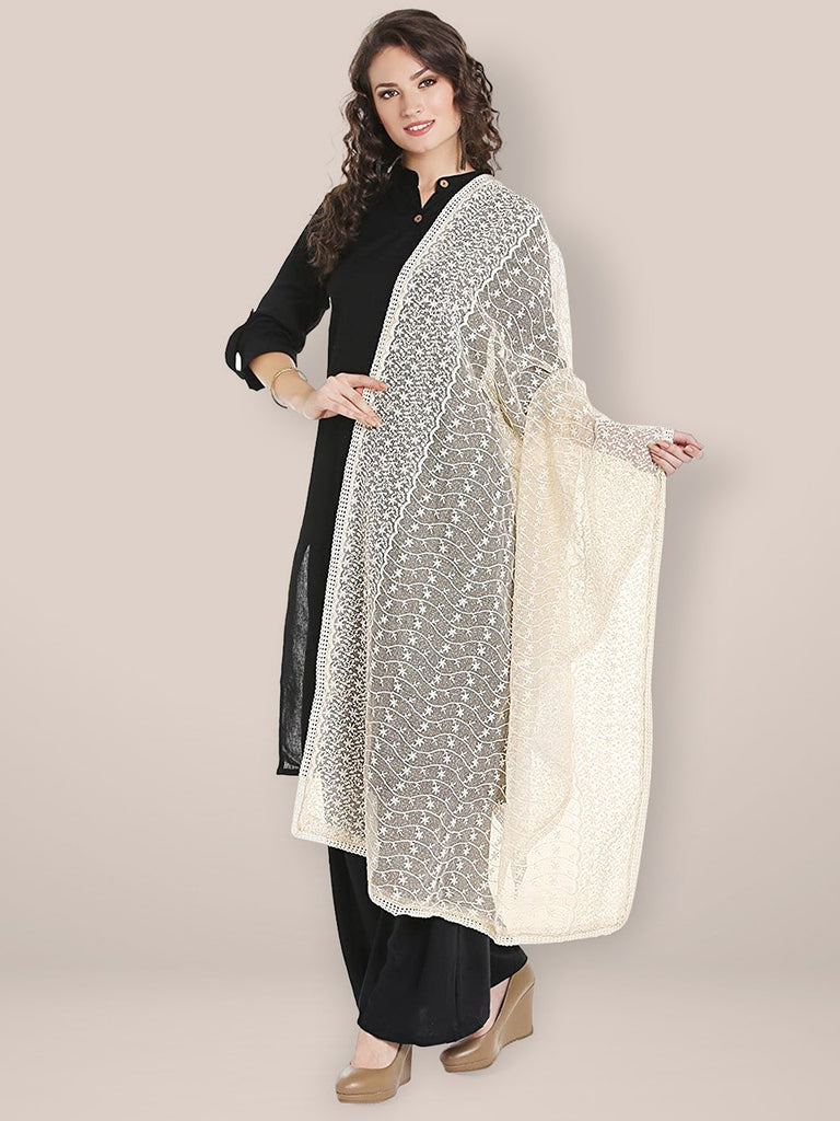 Off White Cotton dupatta with all over Embroidery freeshipping - Dupatta Bazaar