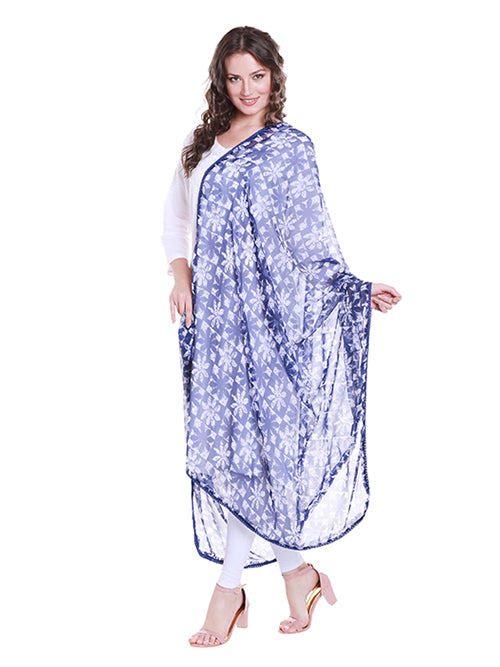 Dupatta Bazaar Women's Blue & White Chiffon Dupatta with lace. - Dupatta Bazaar