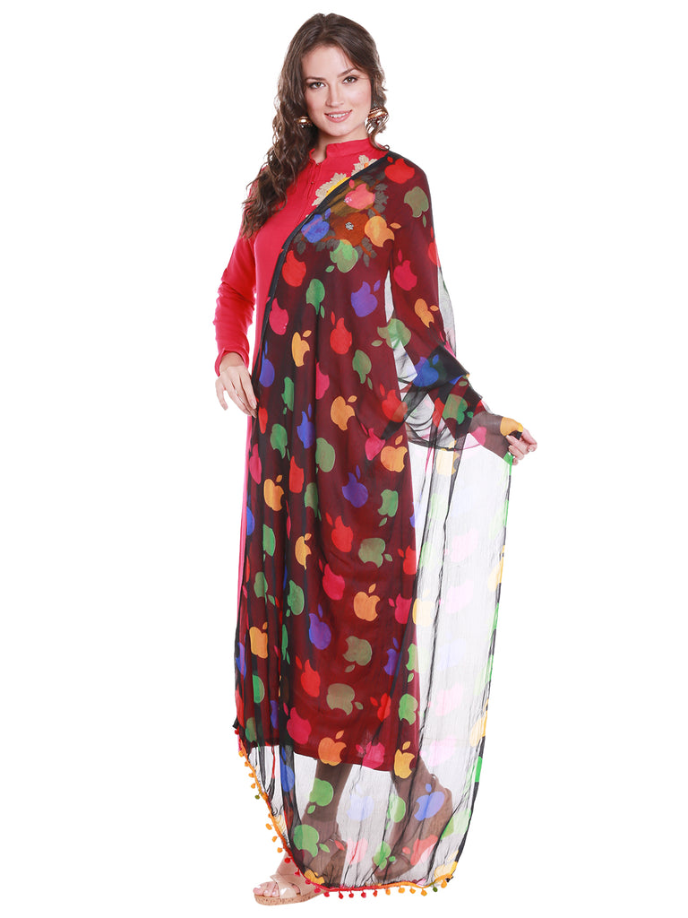 Dupatta Bazaar Women's Black Chiffon Dupatta with Multicoloured print. - Dupatta Bazaar