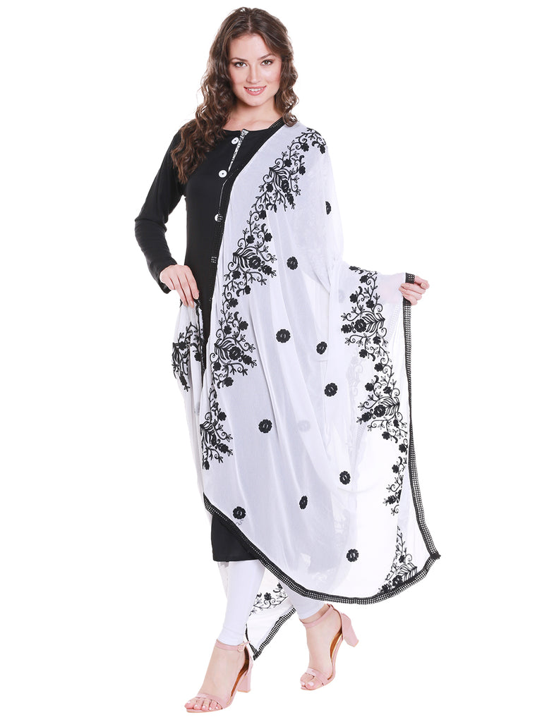 Dupatta Bazaar Women's White Chiffon Dupatta with black embroidery. - Dupatta Bazaar