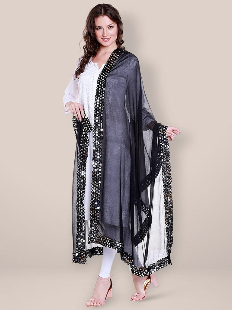 Black Chiffon Dupatta with Mirror work lace. freeshipping - Dupatta Bazaar