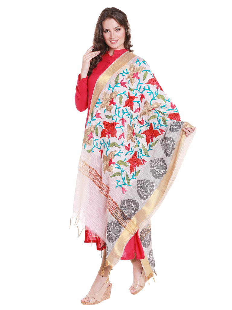 Dupatta Bazaar Women's Cotton Silk Dupatta with Multicoloured Floral Embroidery. - Dupatta Bazaar
