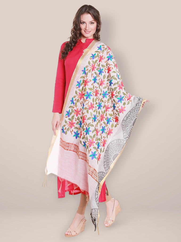 Cotton Silk Dupatta with Multicoloured Floral Embroidery. freeshipping - Dupatta Bazaar