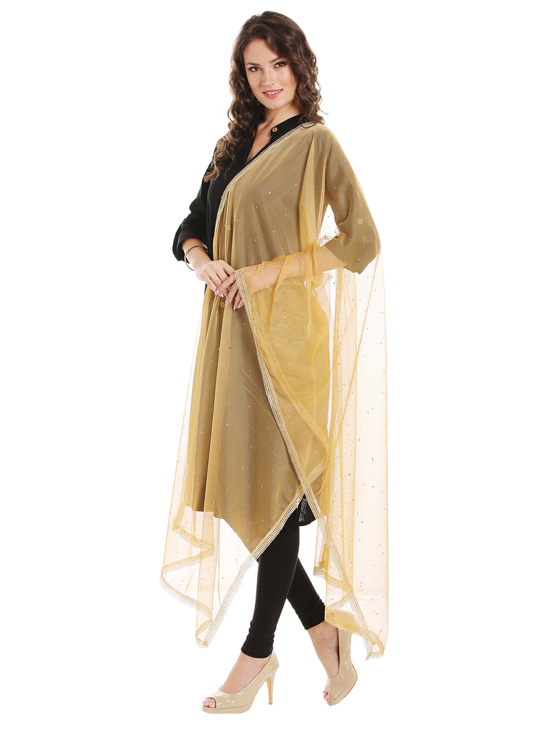 Dupatta Bazaar Women's Beige Net Dupatta with Gold Border - Dupatta Bazaar