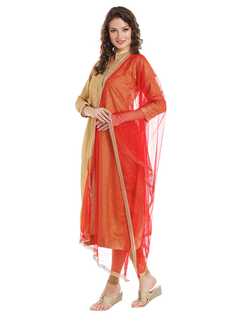 Dupatta Bazaar Women's Red Net Dupatta with Gold Border - Dupatta Bazaar