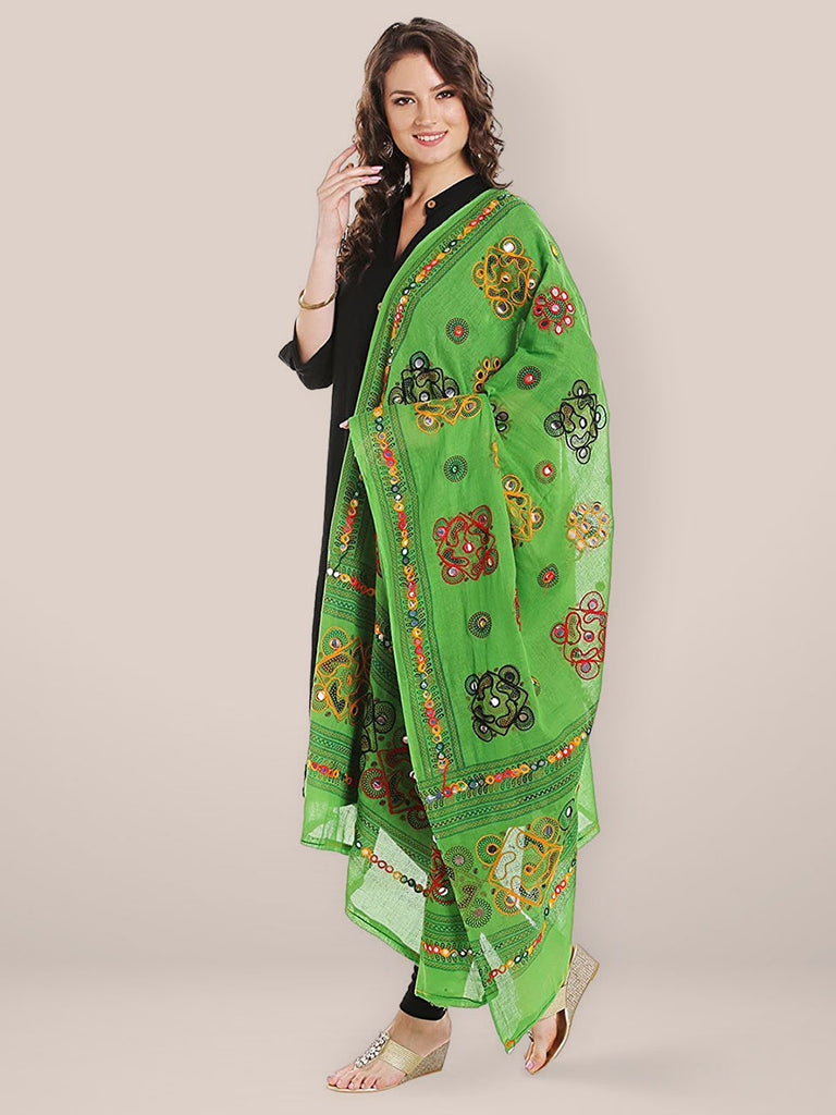 Dupatta Bazaar Women's Block Printed Cotton Green Dupatta with Aari & Mirror work. freeshipping - Dupatta Bazaar
