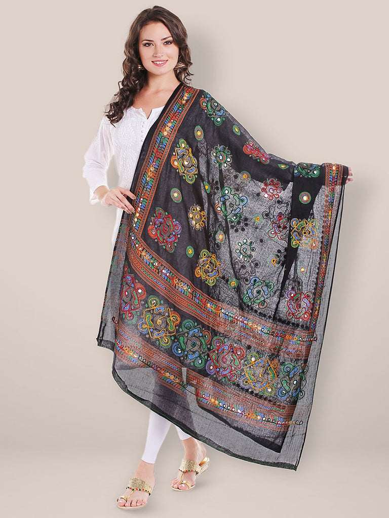 Black Printed Cotton Dupatta with Aari  work. freeshipping - Dupatta Bazaar