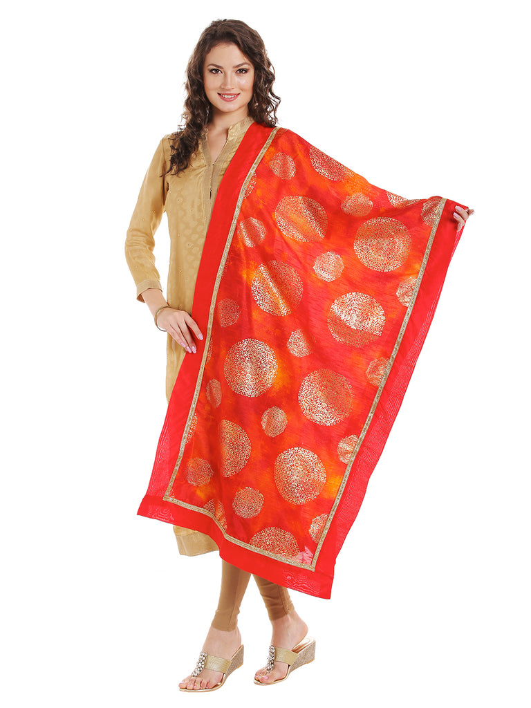 Dupatta Bazaar Women's Orange Cotton Silk Dupatta with Gold Block Print. - Dupatta Bazaar