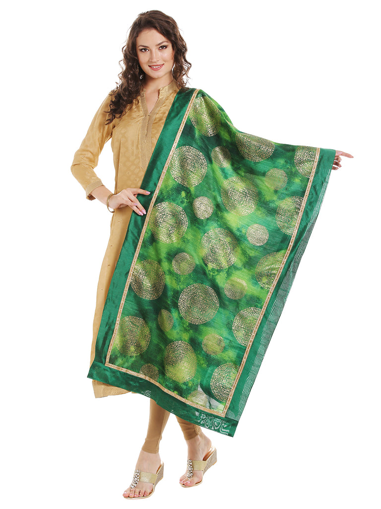 Dupatta Bazaar Women's Green Cotton Silk Dupatta with Gold Block Print. - Dupatta Bazaar