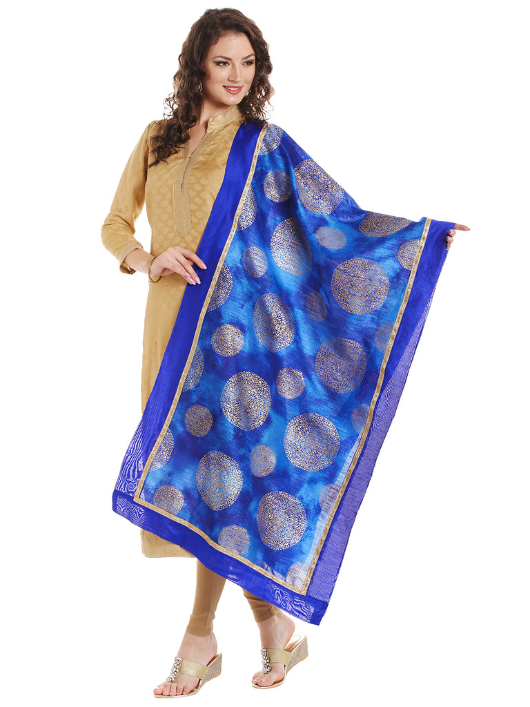 Dupatta Bazaar Women's Blue Cotton Silk Dupatta with Gold Block Print. - Dupatta Bazaar