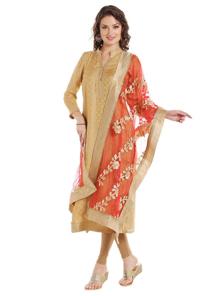 Dupatta Bazaar Women's Peach Designer Net Dupatta with Gold Gotta Work Design . - Dupatta Bazaar