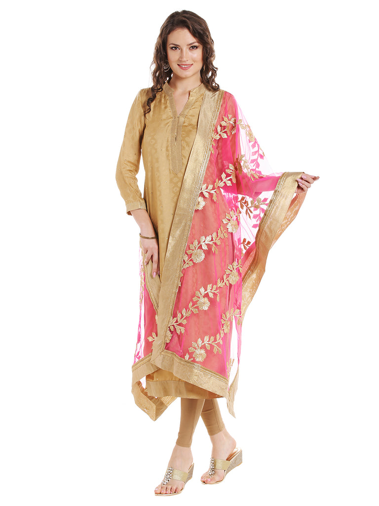 Dupatta Bazaar Women's Pink Designer Net Dupatta with Gold Gotta Work Design . - Dupatta Bazaar