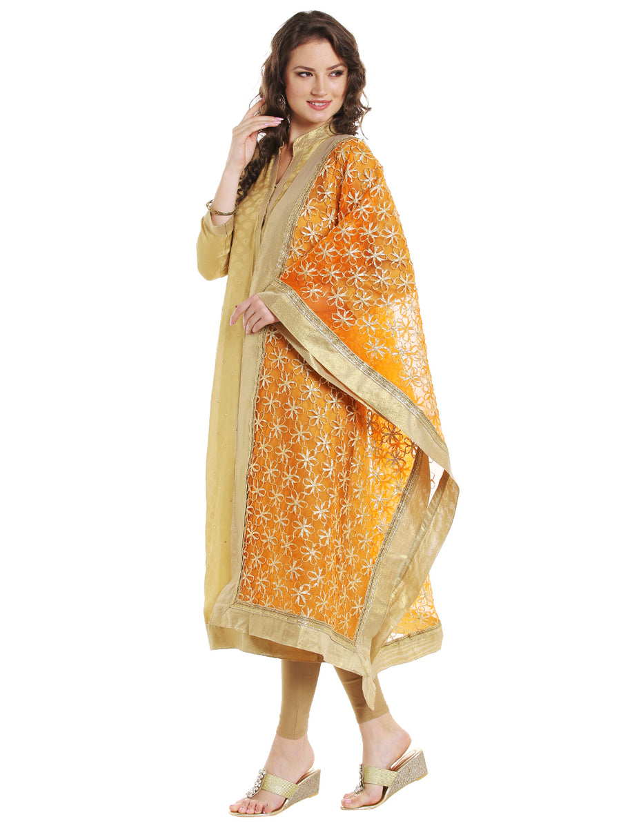 Vibrant Tangerine Orange Cotton Dupatta with Detailed Gold Border main image 0