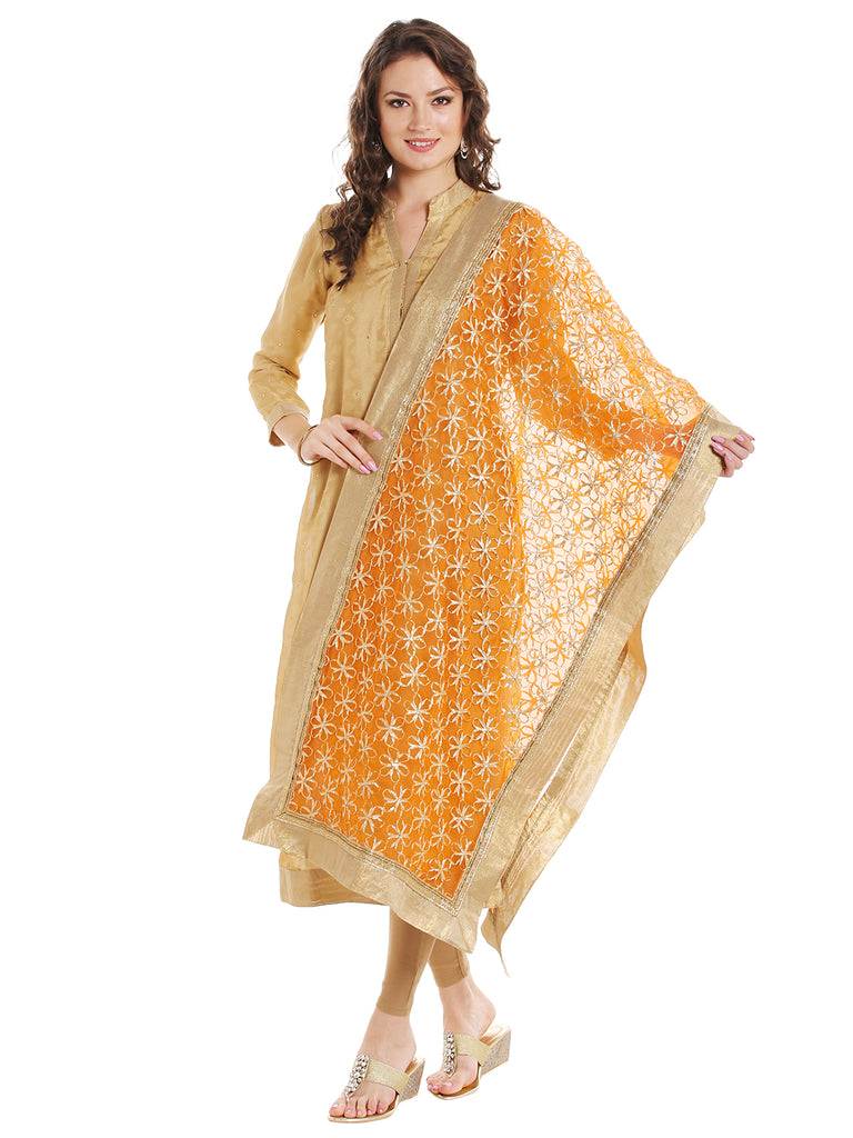 Dupatta Bazaar Women's Orange & Gold Designer Net Dupatta with Floral Gold Gotta Work Design . - Dupatta Bazaar
