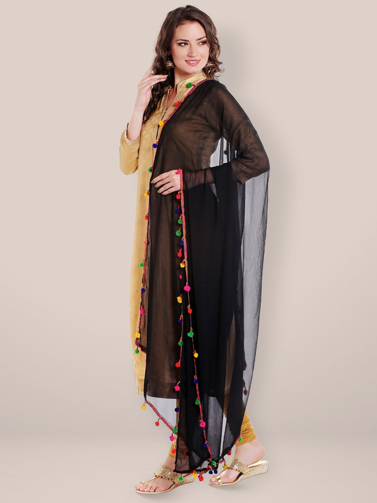 Black Chiffon Dupatta with Multicoloured Pompom freeshipping - Dupatta Bazaar