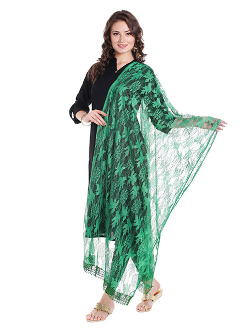 Dupatta Bazaar Women's Green Floral Net Dupatta - Dupatta Bazaar