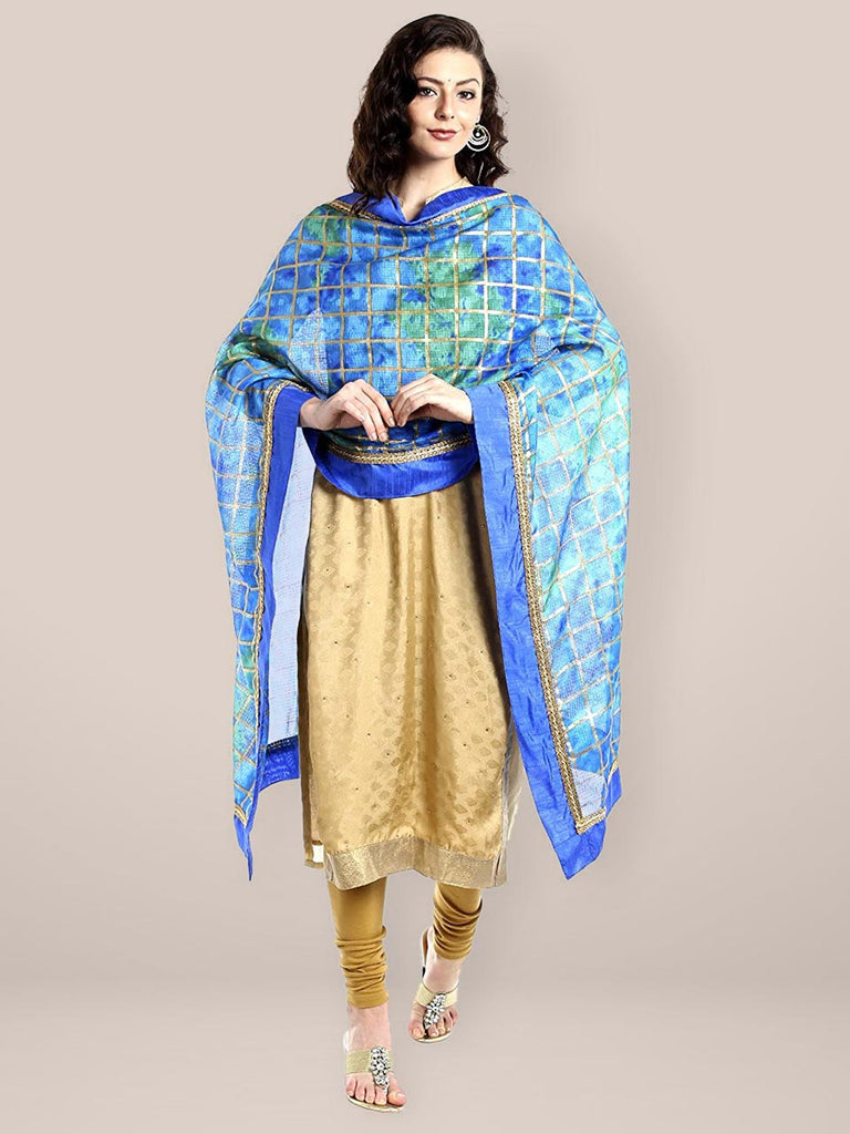 Dupatta Bazaar Women's Blue & Gold Kota Doria Dupatta freeshipping - Dupatta Bazaar