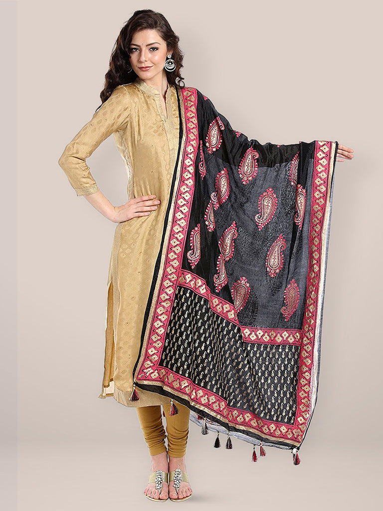Pink & Black Silk Dupatta . freeshipping - Dupatta Bazaar