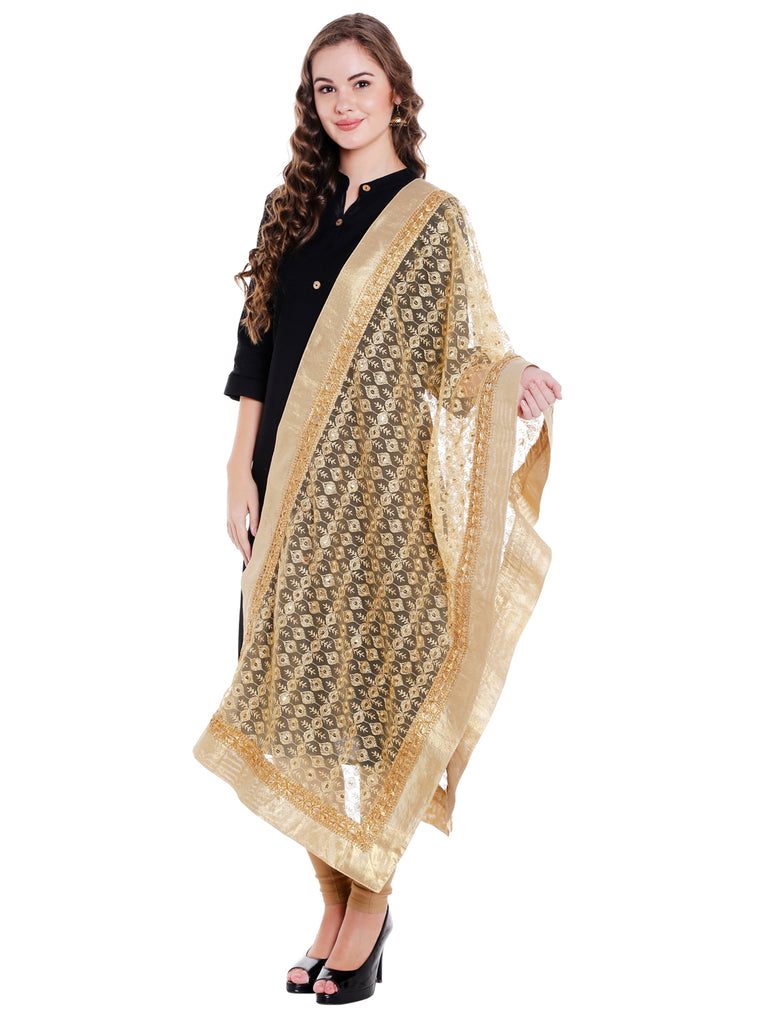 Dupatta Bazaar Woman's Gold Net Floral Embroidered Dupatta - Dupatta Bazaar