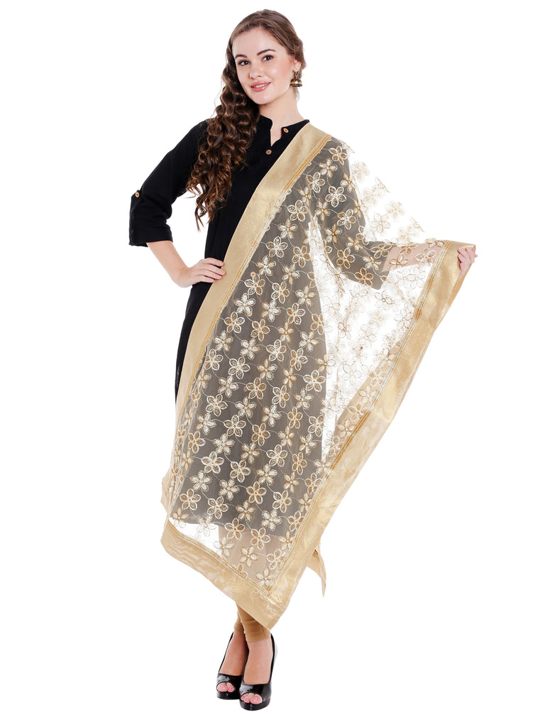Dupatta Bazaar Women's floral Embroidered Gold Net Dupatta - Dupatta Bazaar