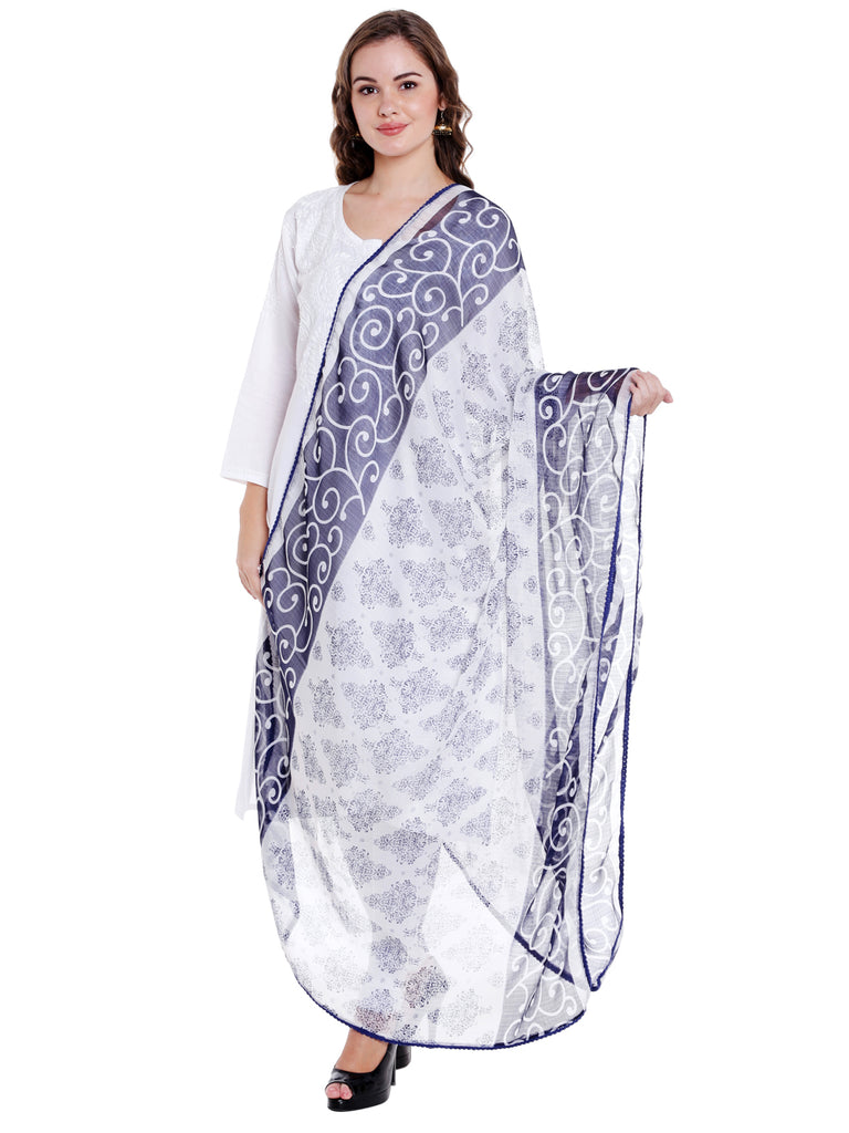 Dupatta Bazaar Women's Blue & White Chiffon Dupatta with lace. - Dupatta Bazaar