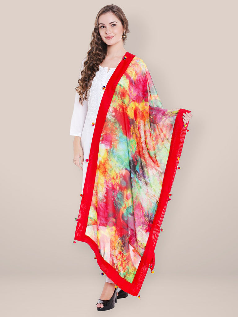 Red Georgette Dupatta with Pom Pom Border. freeshipping - Dupatta Bazaar