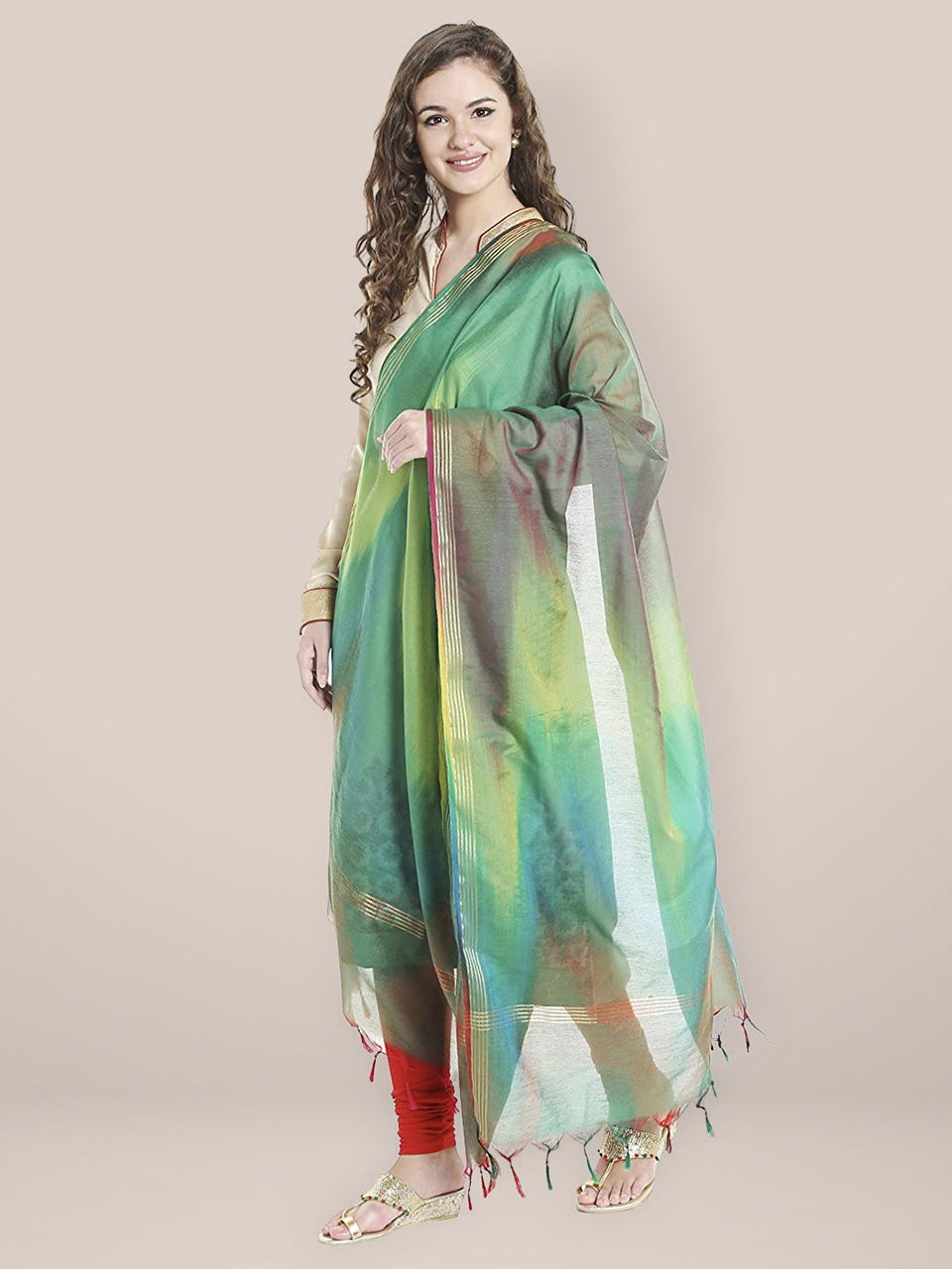 Rama Green Striped Tissue Silk Dupatta main image 0