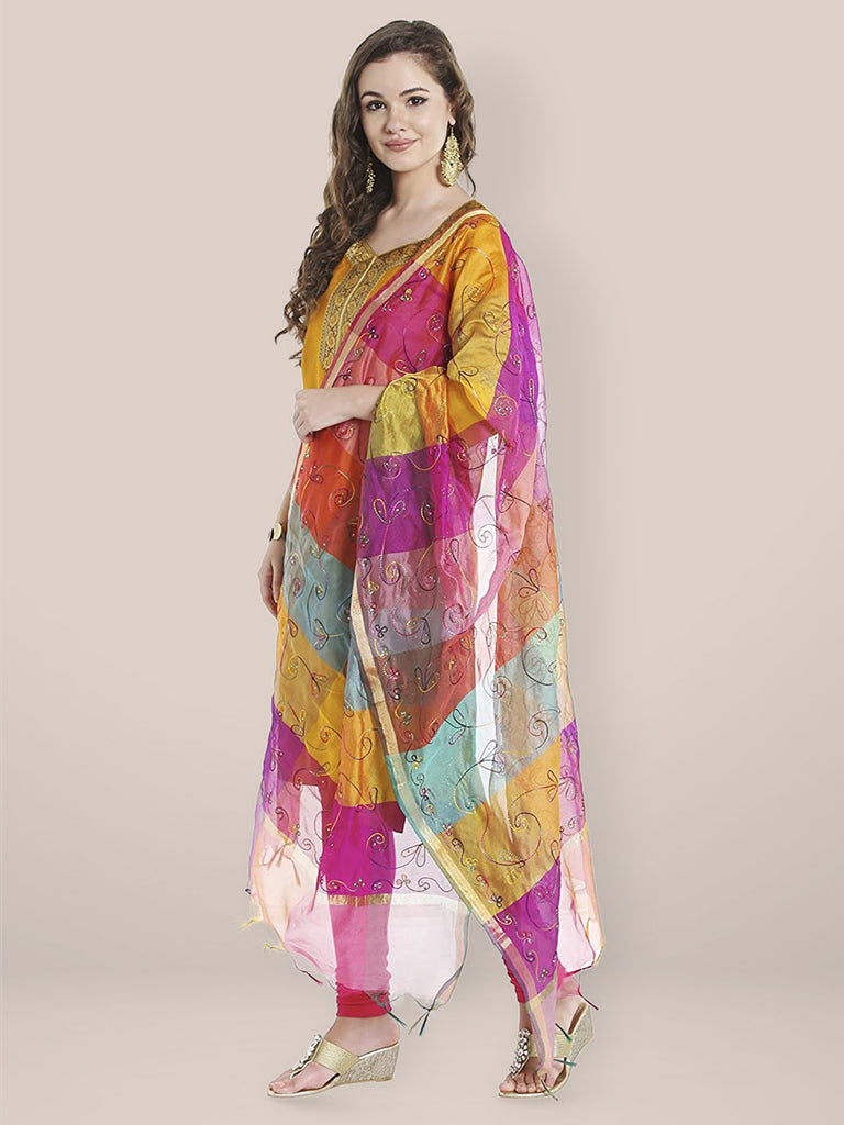 Multicoloured Checkered Embroidery Dupatta freeshipping - Dupatta Bazaar