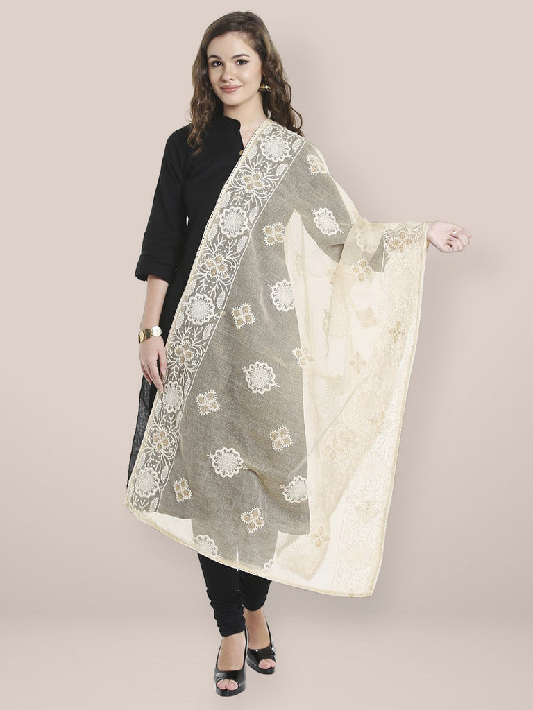 Ivory Dupatta with Lucknowi Embroidery. freeshipping - Dupatta Bazaar