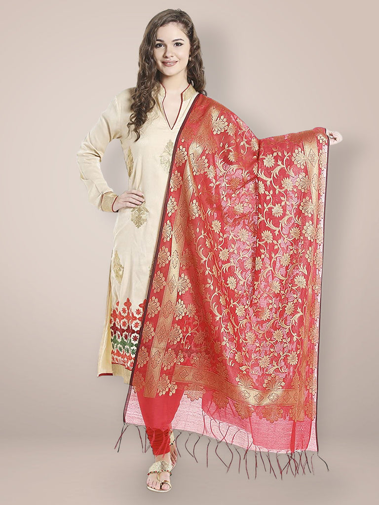 Red & Gold Banarasi Silk Dupatta freeshipping - Dupatta Bazaar