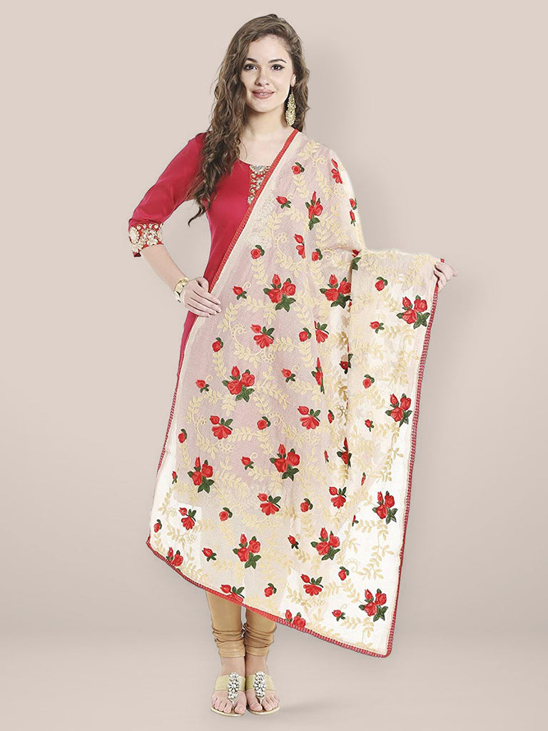 Ivory Cotton Blend dupatta with Multicoloured Floral Embroidery freeshipping - Dupatta Bazaar