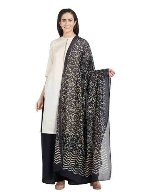 Dupatta Bazaar Woman's Cotton Black & Off White Block Printed Dupatta - Dupatta Bazaar
